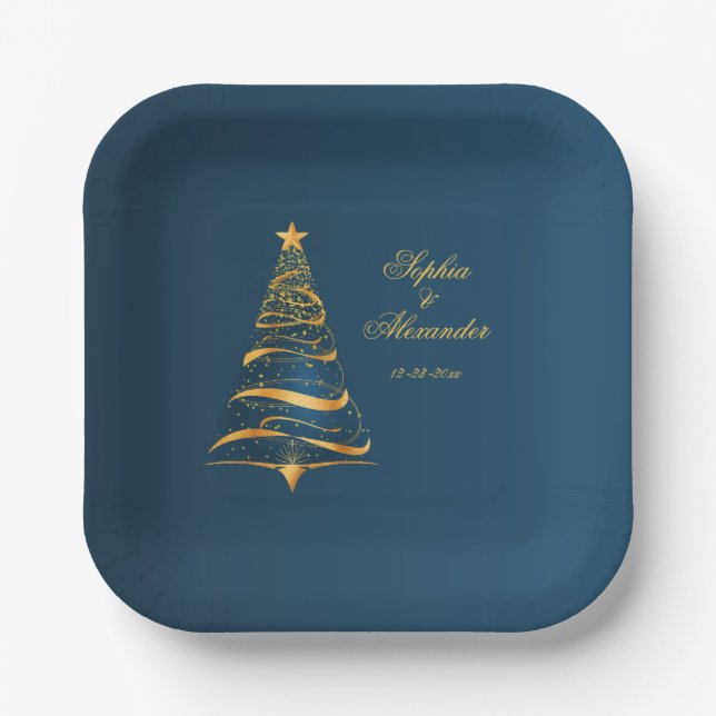 Chic Stylish Golden Christmas Tree Wedding Paper Plates (Front)