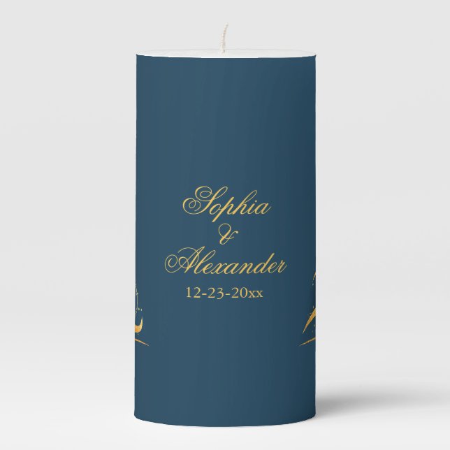 Chic Stylish Golden Christmas Tree Wedding Pillar Candle (Front)