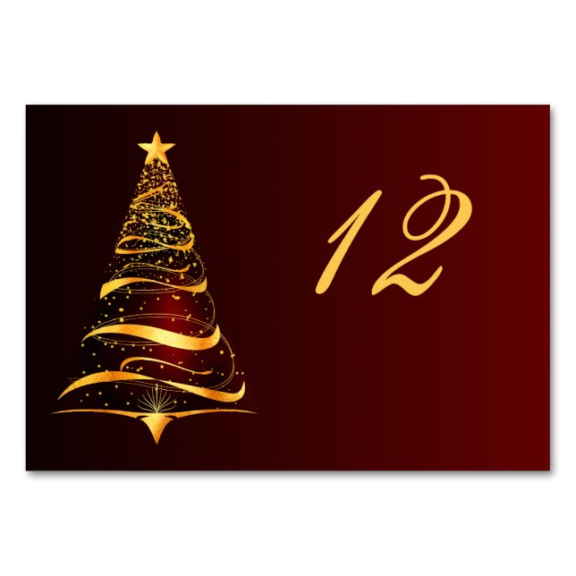 Chic Stylish Golden Christmas Tree Wedding Table Number (Front)