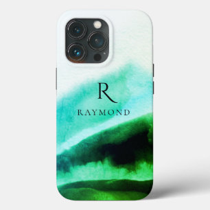 Chic Stylish Green Mountains Landscape Monogrammed iPhone 13 Pro Case