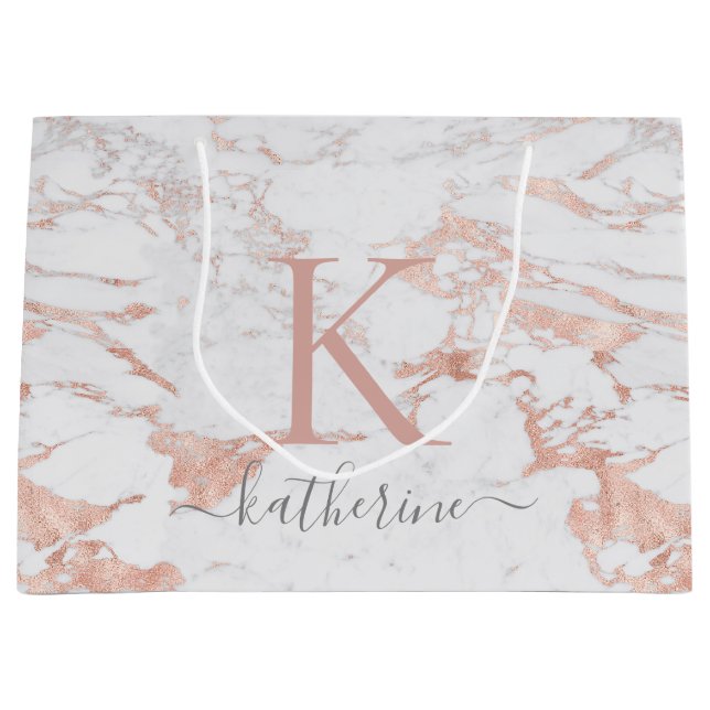 Chic Stylish Marble and Rose Gold Foil Monogram Large Gift Bag (Front)
