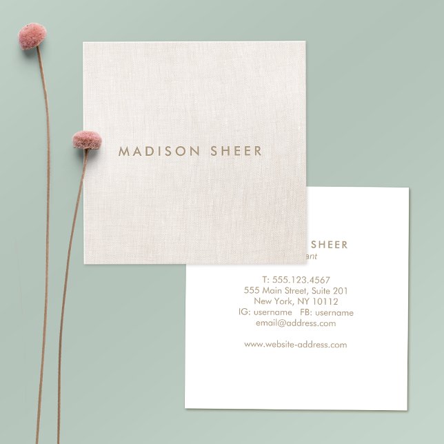 Chic Stylish Modern Beige Linen Square Business Card (Creator Uploaded)