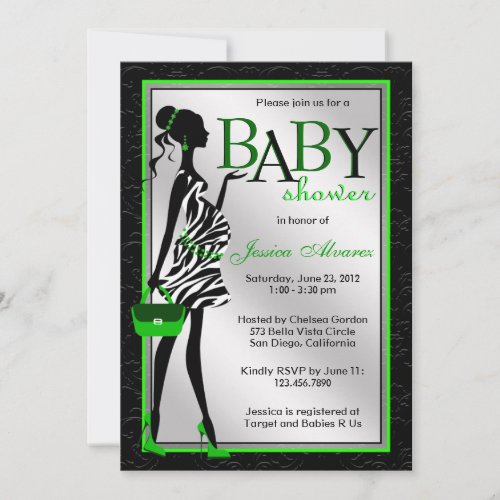 Chic Stylish Modern Mom Green Zebra Baby Shower Announcements