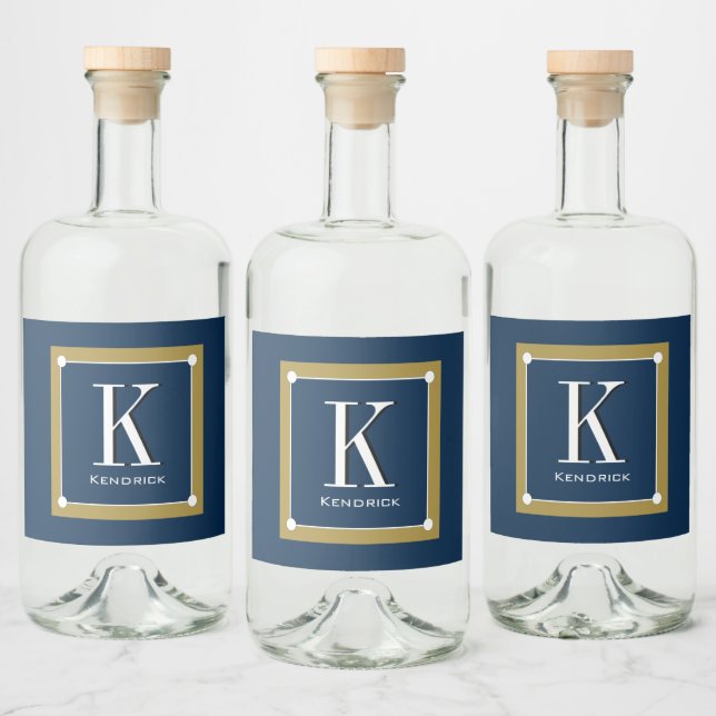 CHIC & STYLISH_MODERN NAVY/GOLD MONOGRAM LIQUOR BOTTLE LABEL (Bottles)