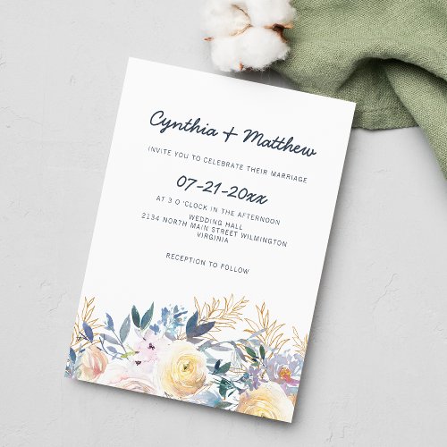 Chic stylish navy blue ivory gold floral wedding i invitation