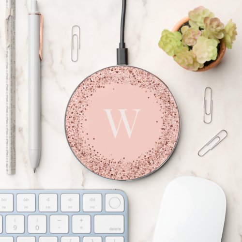 Chic Stylish Pink Rose Gold Glitter Frame Monogram Wireless Charger