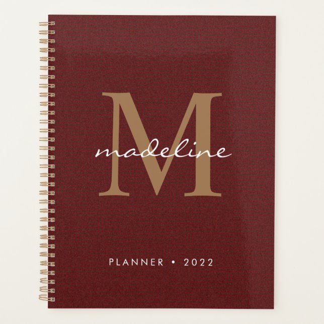 Chic Stylish Script Tweed Red Gold Monogram Planner (Front)