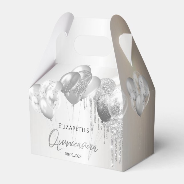 Chic Stylish Silver Glitter Drips Balloons  Favor Boxes (Front Side)