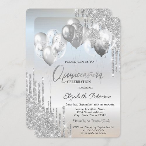 Chic Stylish Silver Glitter Drips Balloons  Invitation