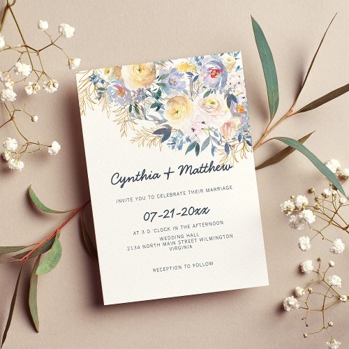 Chic stylish sky blue ivory gold floral wedding invitation