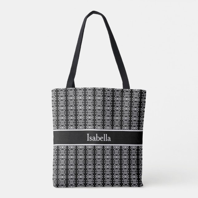 Chic stylish white striped pattern on black tote bag (Back)