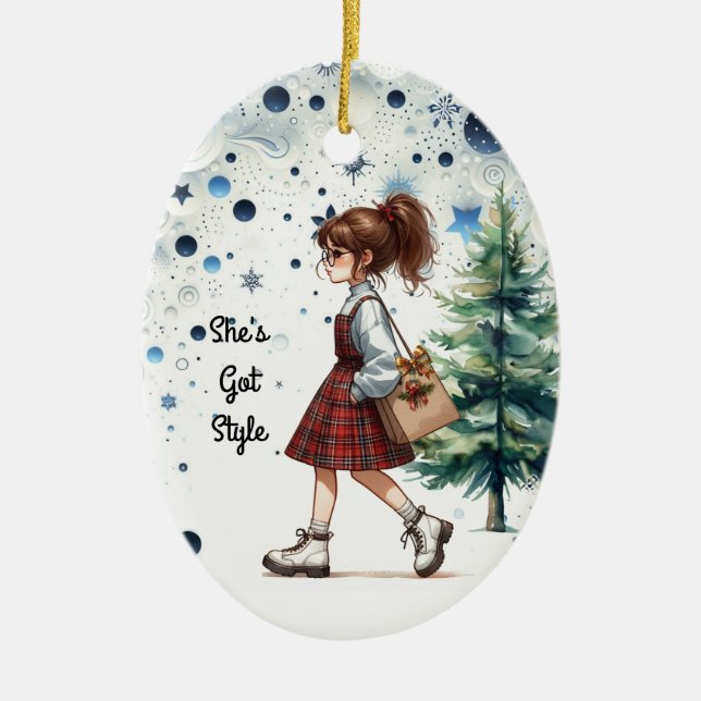 Chic Stylish Young Brunette Fashion Personalized  Ceramic Ornament (Front)