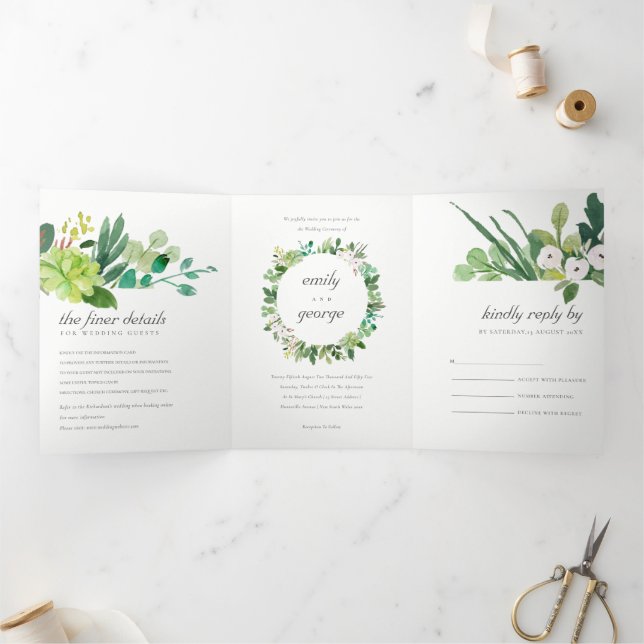 CHIC SUCCULENT WREATH FOLIAGE WATERCOLOR WEDDING Tri-Fold INVITATION (Inside)