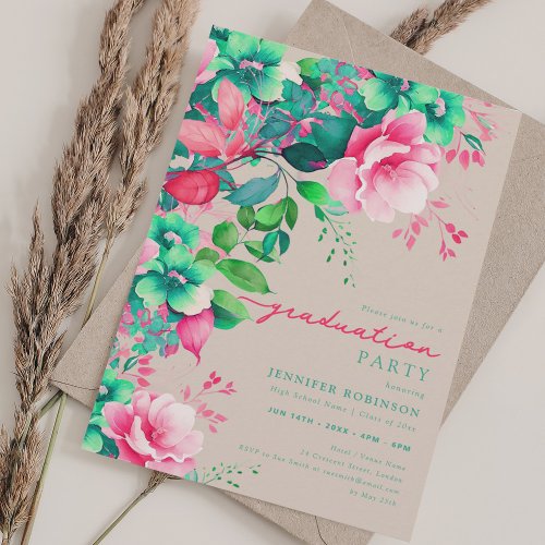 Chic Summer Garden Floral Graduation Champagne Invitation