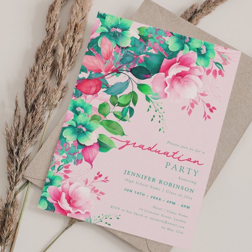 Chic Summer Garden Floral Graduation Party Blush Invitation