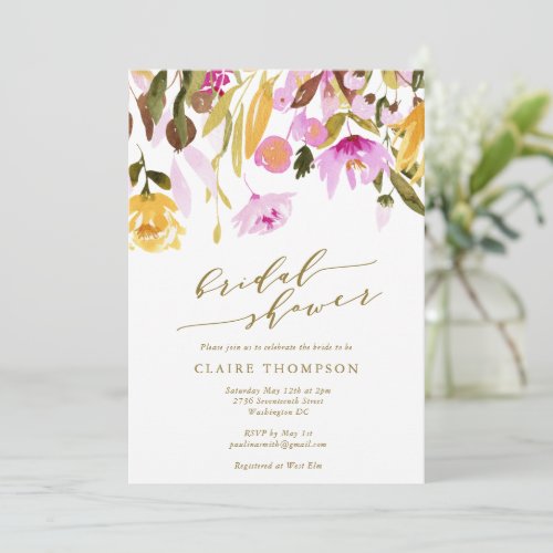 Chic Summer Pink Floral Watercolor Bridal Shower Invitation