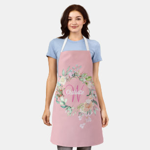 Chic Summer Roses Blush Pink Initial Monogram Apron