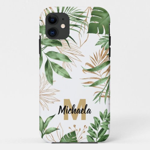 Chic Summer Tropical Greenery  Gold Monogram iPhone 11 Case