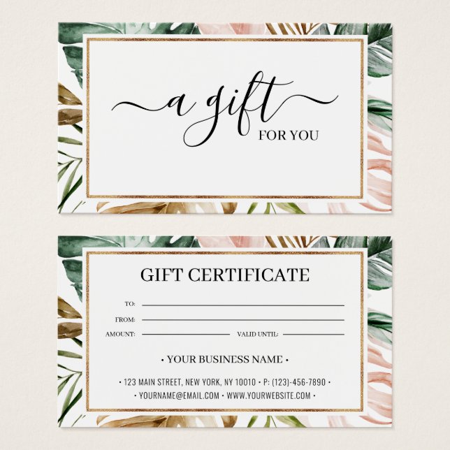 Chic Summer Tropical Leaves Gift Certificate Card (Front & Back)