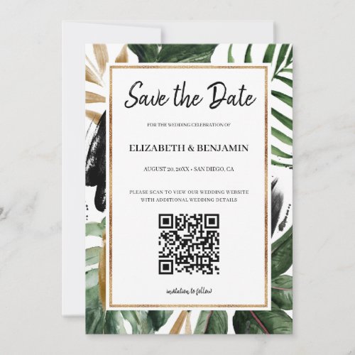 Chic Summer Tropical Leaves QR Code Photo Save The Save The Date