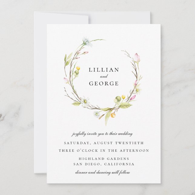 Chic Summer Wildflower Floral Wreath Wedding Invitation (Front)