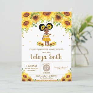 Chic Sunflower African American Girl Baby Shower Invitation