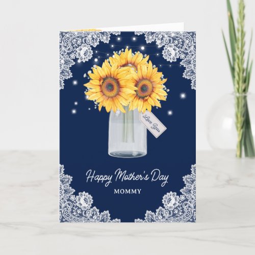 Chic Sunflower Blue Photo Happy Mothers Day Card