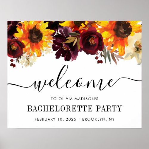 Chic Sunflower Burgundy Bachelorette Party Welcome Poster