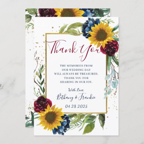 Chic Sunflower Burgundy Navy Blue Floral Thank You Card