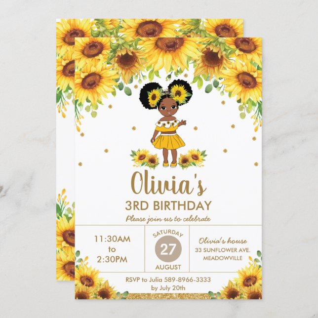 Chic Sunflower Cute African American Girl Birthday Invitation (Front/Back)