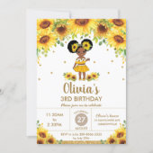 Chic Sunflower Cute African American Girl Birthday Invitation (Front)