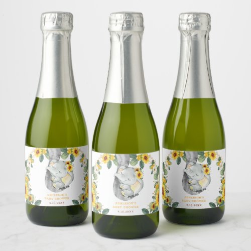 Chic Sunflower Elephant Baby Shower 1st Birthday Sparkling Wine Label