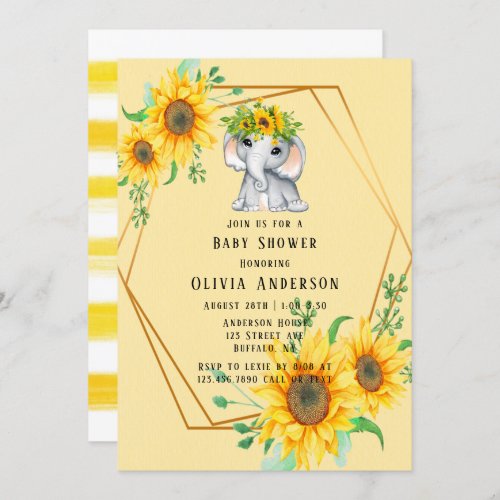 Chic Sunflower Elephant Girl Baby Shower Invitation