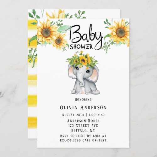 Chic Sunflower Elephant Girl Baby Shower Invitation