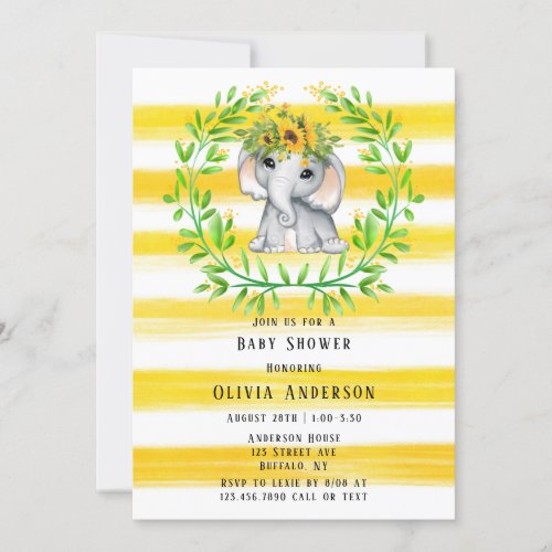 Chic Sunflower Elephant Girl Baby Shower Invitation