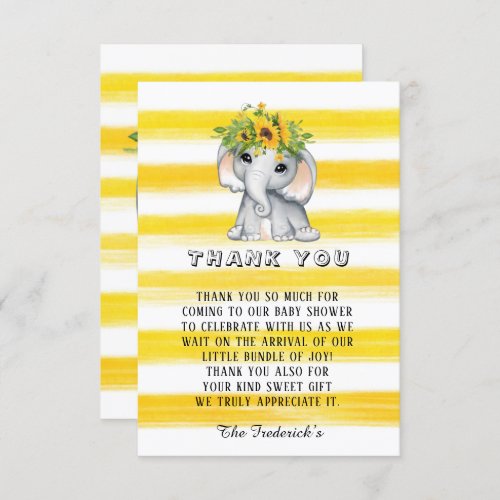 Chic Sunflower Elephant Girl Baby Shower Thank You