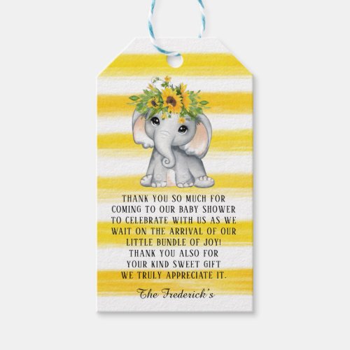 Chic Sunflower Elephant Girl Baby Shower Thank You Gift Tags