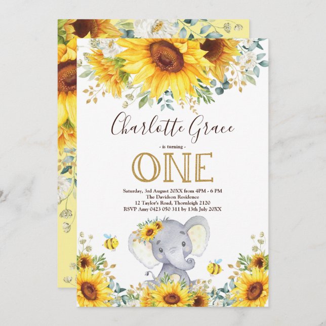 Chic Sunflower Elephant Greenery Gold 1st Birthday Invitation (Front/Back)