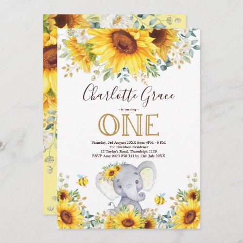 Chic Sunflower Elephant Greenery Gold 1st Birthday Invitation