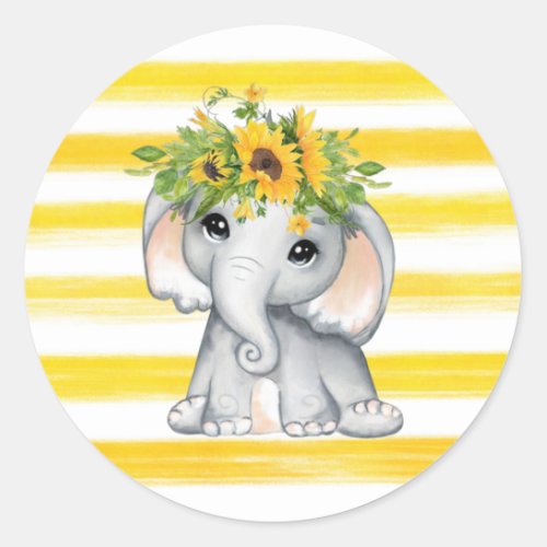 Chic SunFlower Elephant Stripes Baby Shower Classic Round Sticker