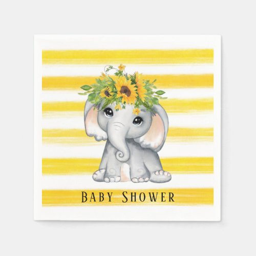 Chic Sunflower Elephant Stripes Baby Shower Napkins