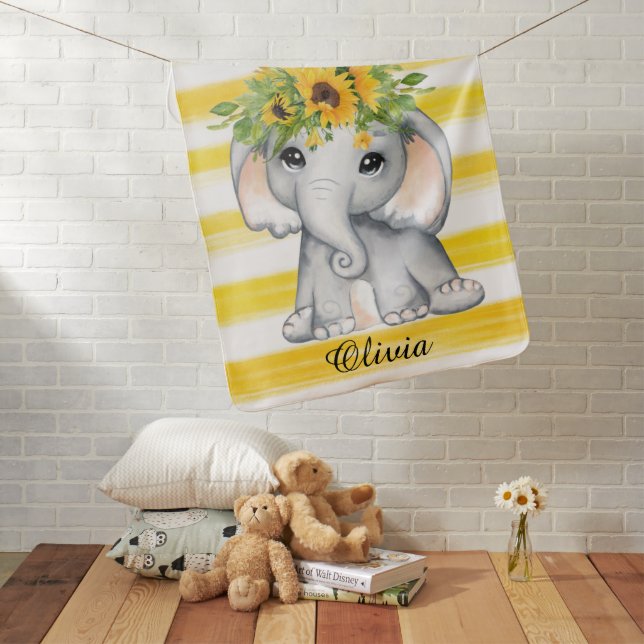 Chic SunFlower Elephant Stripes Custom Baby Blanket (In Situ)
