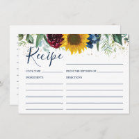 Chic Sunflower Floral Bridal Shower Recipe Card