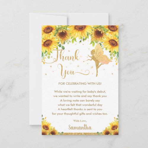 Chic Sunflower Floral Fairy Baby Shower Birthday Thank You Card