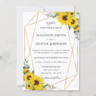 Chic Sunflower Floral Gold Geometric Wedding Invitation