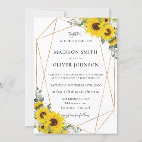  Chic Sunflower Floral Gold Geometric Wedding Invitation