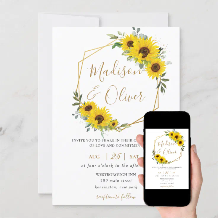 Chic Sunflower Floral Gold Geometric Wedding Invitation Zazzle