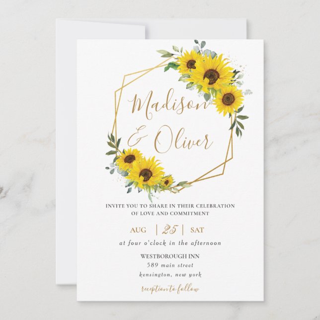 Chic Sunflower Floral Gold Geometric Wedding Invitation (Front)