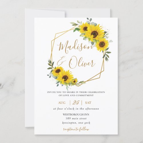 Chic Sunflower Floral Gold Geometric Wedding Invitation