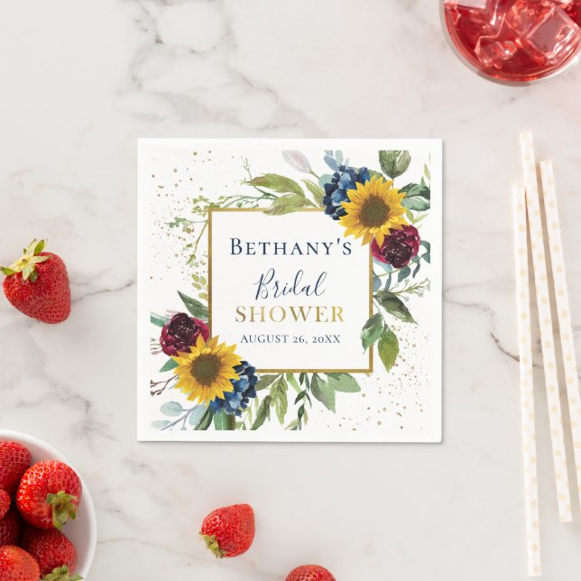 Chic Sunflower Floral Gold Glitter Bridal Shower Napkins (Insitu)